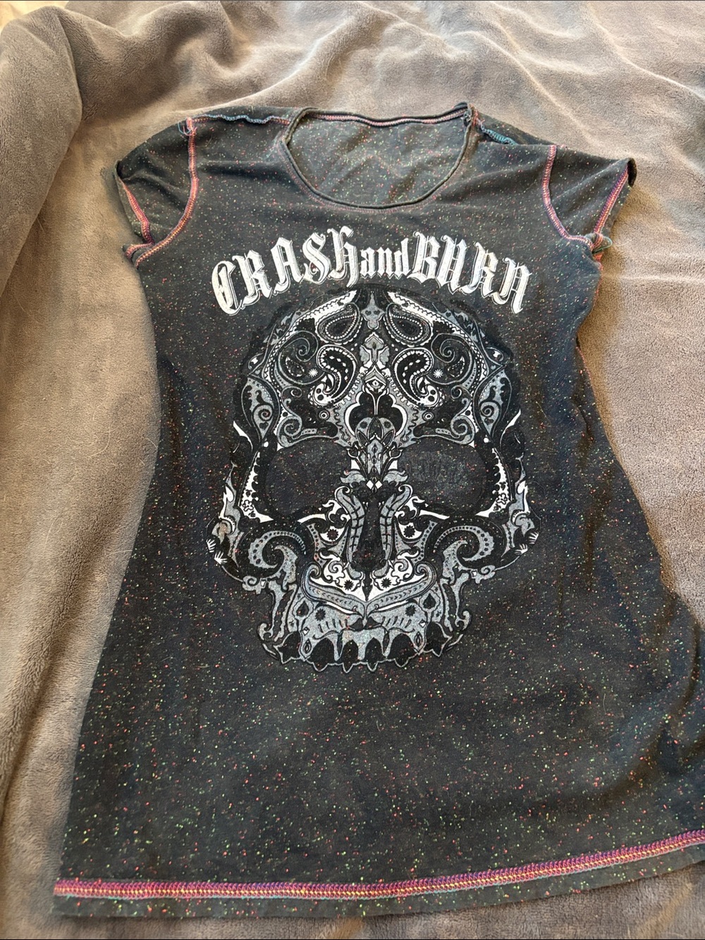 Crash & Burn Black Speckled Skull Short Sleeve Tee. Reversible.